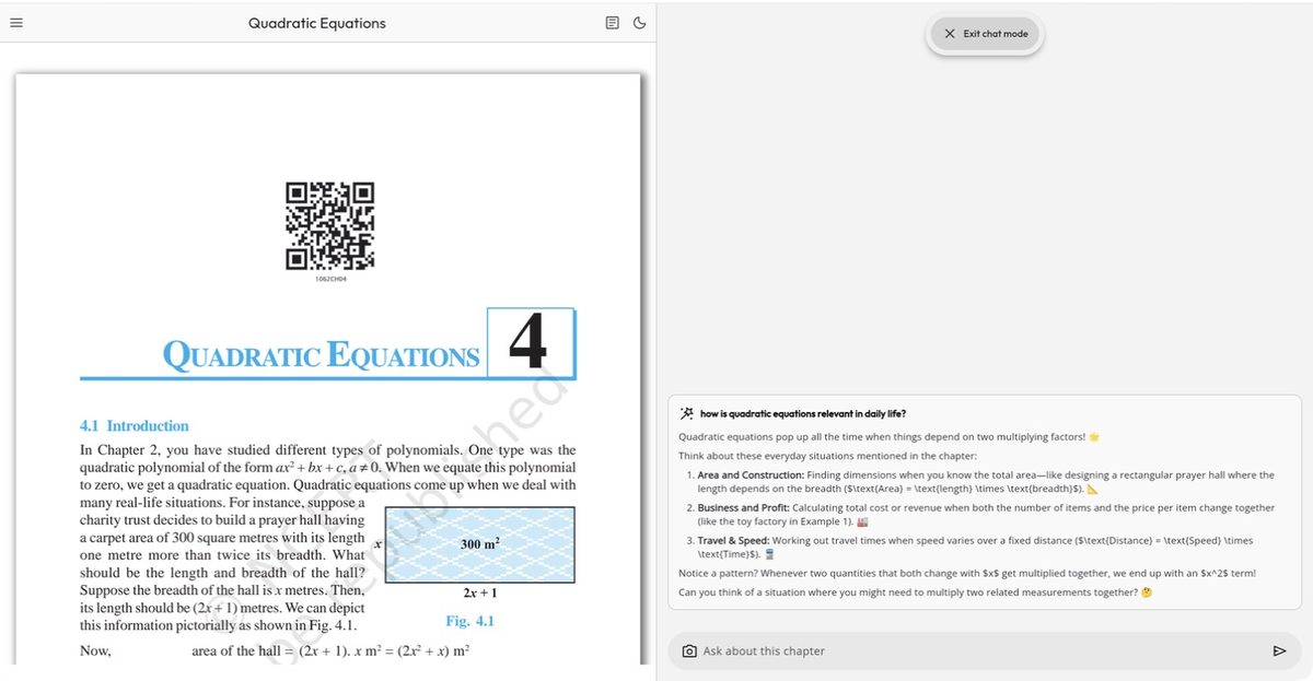 Chat mode in Textbook+: a student asks how quadratic equations are relevant in daily life and the tutor answers with guiding questions