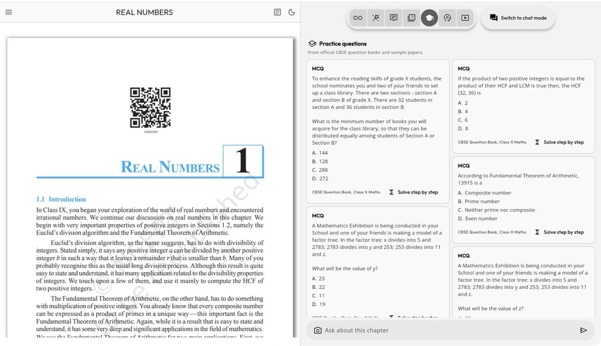 The Practice filter selected in the insights toolbar, showing only CBSE board questions with their official sources