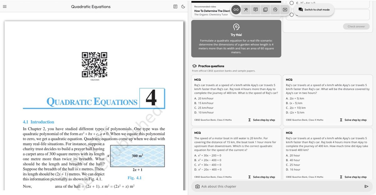 CBSE practice question cards beside a textbook page, each showing marks, options and its CBSE source