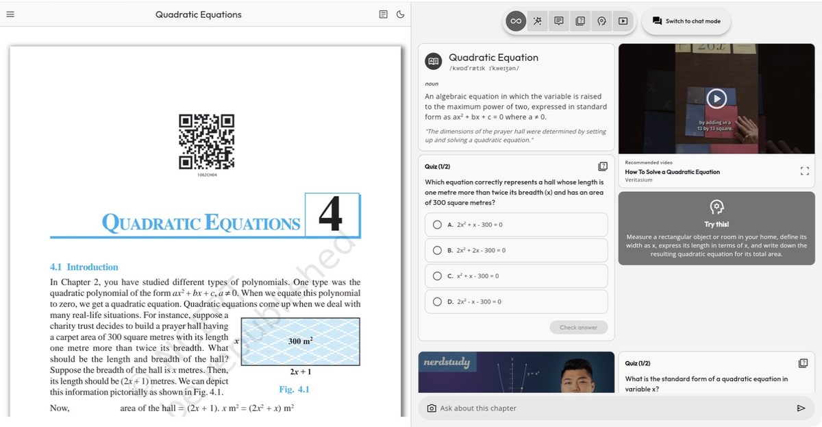 A chapter open in Textbook+: the original NCERT page on the left, definitions, a quiz and a video beside it